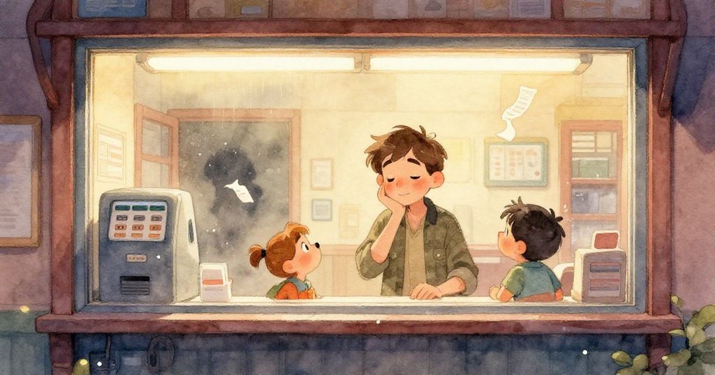 燈光突然刺眼引起麻雀驚飛，散落紙張旋轉，瞬間生動展現動作與反應。