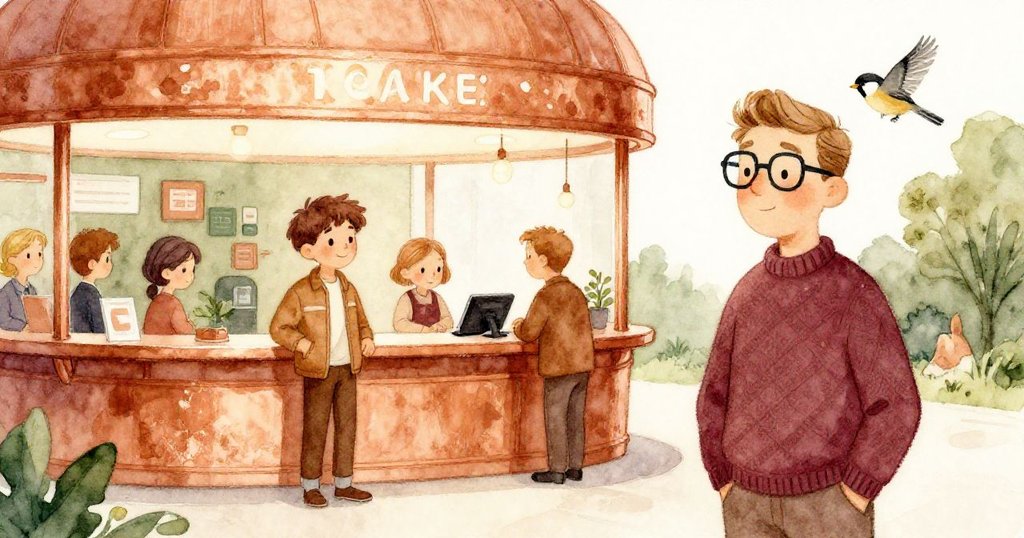 在繁忙票務大廳中，諾蘭與植物學者顯得渺小，麻雀在廣闊空間中飛快穿梭，環境熱鬧生動。