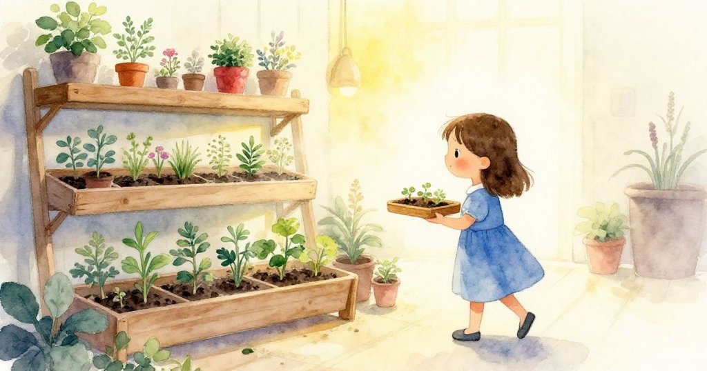 在晨曦微光中，妮娜小心平衡木製托盤在顆粒感的種子架上，環境散發柔和暖光與晨霧，充滿開始期待的氛圍。