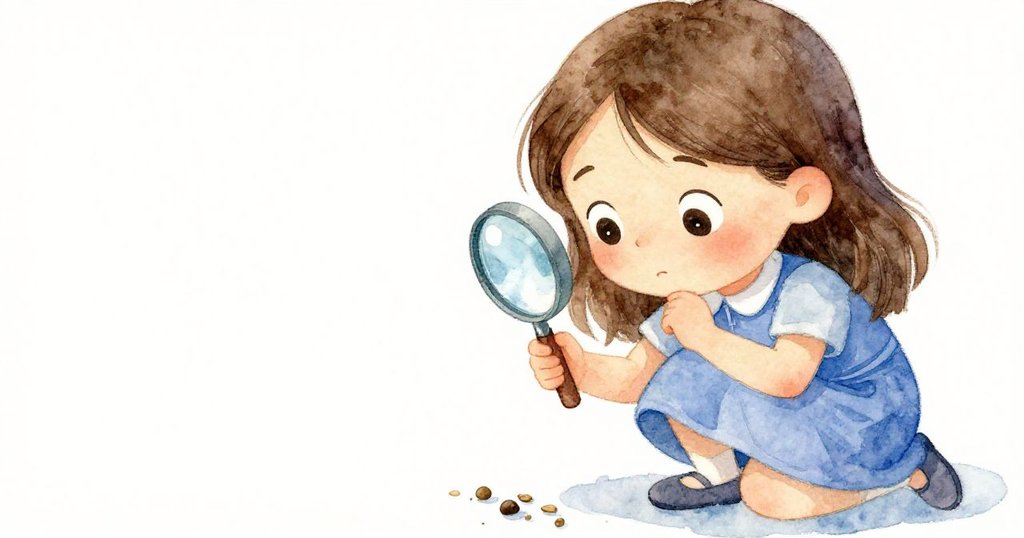 妮娜聚精會神地用放大鏡研究種子，手輕捏種子，臉上流露出困惑與細緻的專注，背景呈現柔和光影。