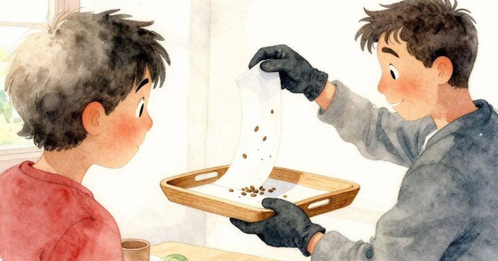 艾米爾從背後出現，戴著手套輕輕傾斜托盤，紙邊微裂有種子飄動，動作穩健中透著關注與希望。