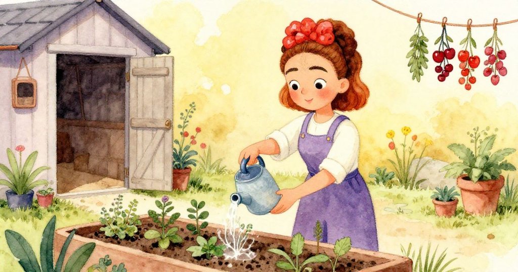 芙莉在夏日戶外澆水花床，開著的棚門與搖曳的迷迭香和薰衣草交織，神情專注，周圍溫暖陽光輕拂。