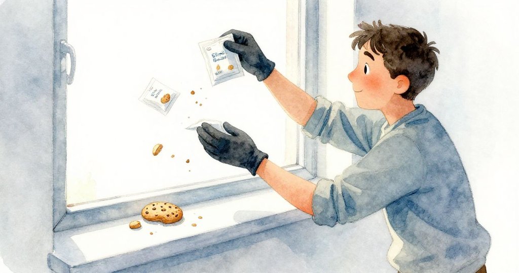 艾米爾急速伸出手穩住掉落的種子包裝，窗邊的燕麥餅和碎屑飛舞，動作充滿關切與決心，室內光線明亮。