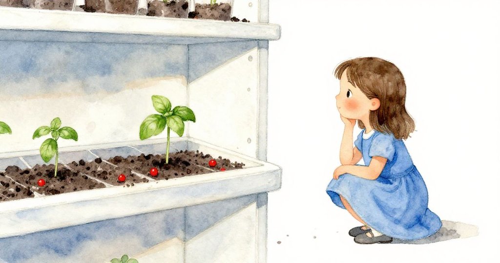 在溫暖結束時刻，妮娜凝視著旋轉接近邊緣的羅勒種子，臉上流露出寧靜與希望，象徵新開始與未來可能。