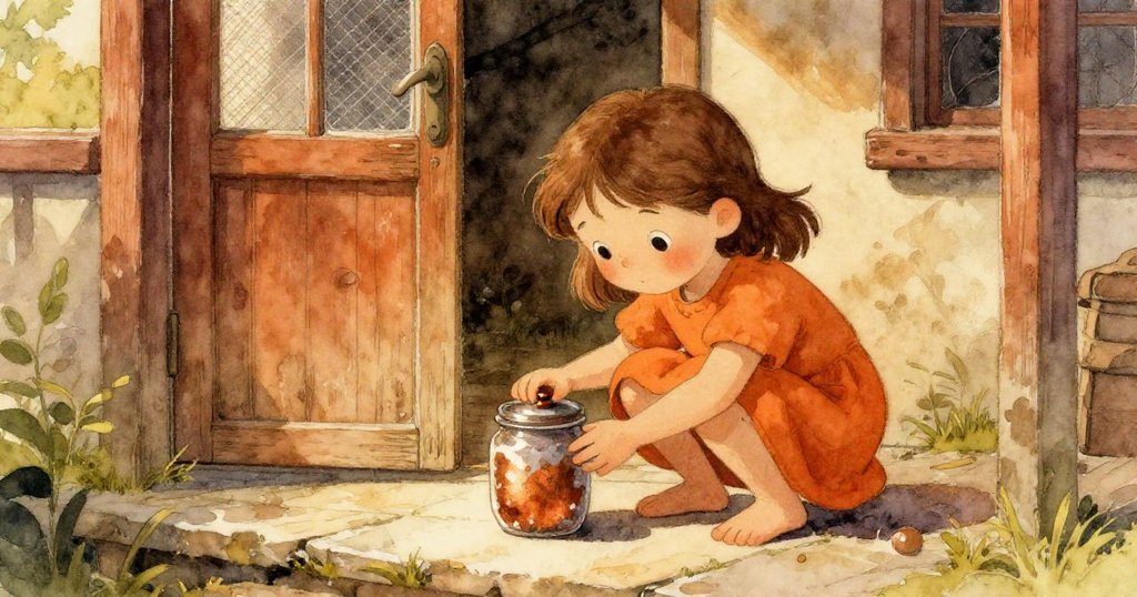 路西亞彎腰在溫暖的門廊石上拾取金屬蓋,神情好奇,背景中有篩狀門和柔和光線,呈現故事開端情景。