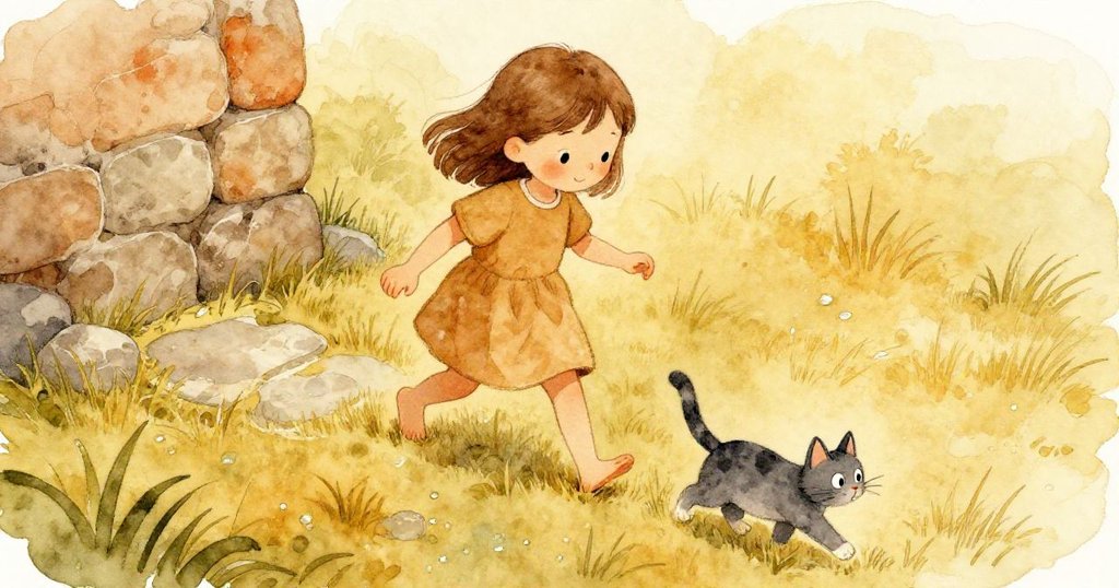 路西亞從溫暖石頭踏上沾露水的青草,灰色的貓在後跟隨,高角度呈現出大自然的細膩與變化。