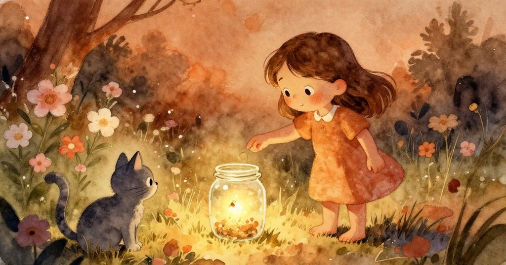 路西亞在花壇旁小心地引導發光的螢火蟲進入瓶子,灰色貓蹲守旁邊,散發著黃昏魔法般的柔光。