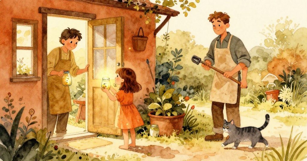 路西亞在門廊邊輕放瓶子,內有微光螢火蟲,背景父親整理工具,灰貓悠然走過,展現平靜結局。
