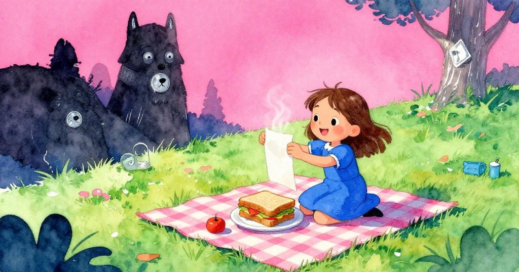 Mae在草地野餐時揭開三明治包裝紙,熱氣飄散,臉上流露好奇與期待,背景陽光斑駁散發戲劇光影。