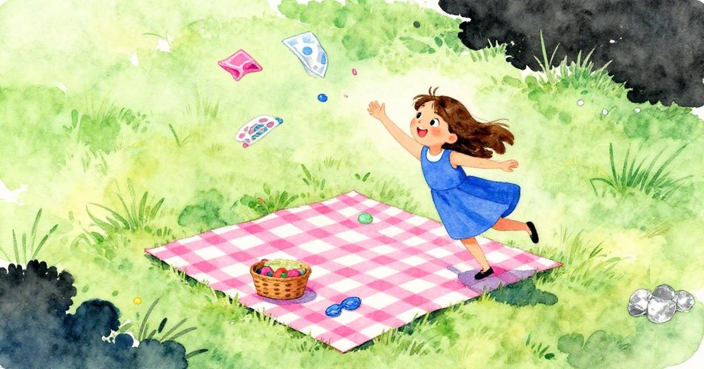 Mae在野餐時急速撲向被風吹起的餐巾,踉蹌於不平草邊,充滿動感與季節氣息。