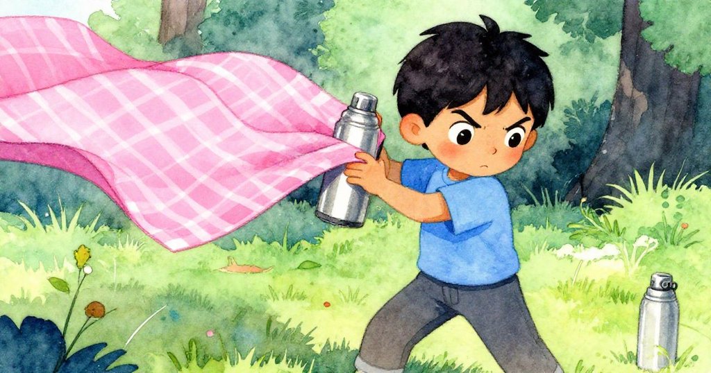 Dorian專注抓住滾動的保溫瓶以穩住飛揚的野餐布,臉上滿是努力與緊張,場景逐漸趨穩。