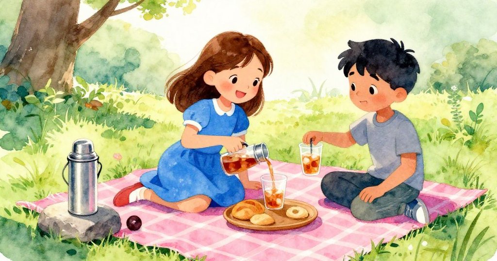 Mae和Dorian在穩定野餐後露出溫暖微笑,Dorian倒冰茶,保溫瓶安穩放石旁,展現樂觀與平靜。