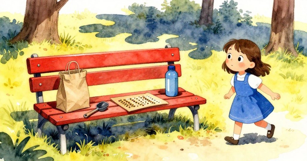 Nadia 穿著藍色洋裝，走向陽光下的長椅，觀察整齊擺放的物品與樹影，神情充滿好奇與期待。