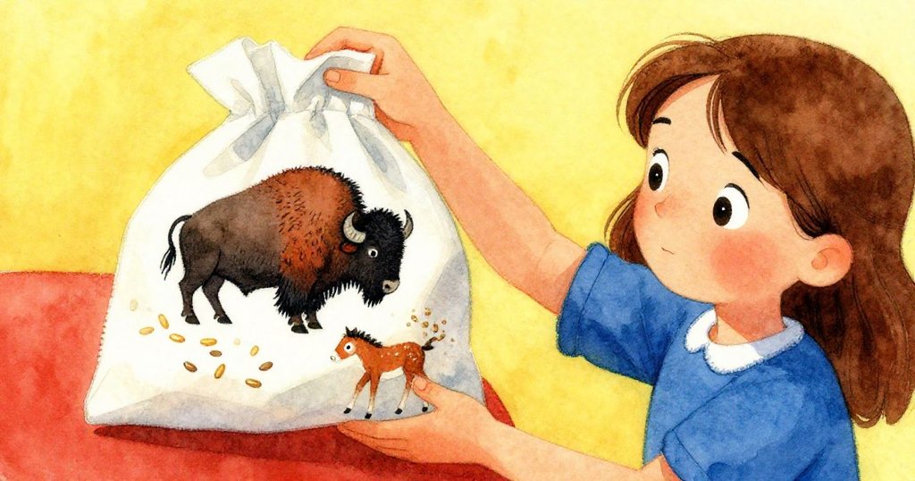 Nadia 的手正小心捏住裂口的紙袋，上面綴有野牛與小馬圖案，暖陽中細節豐富，神情溫柔且專注。