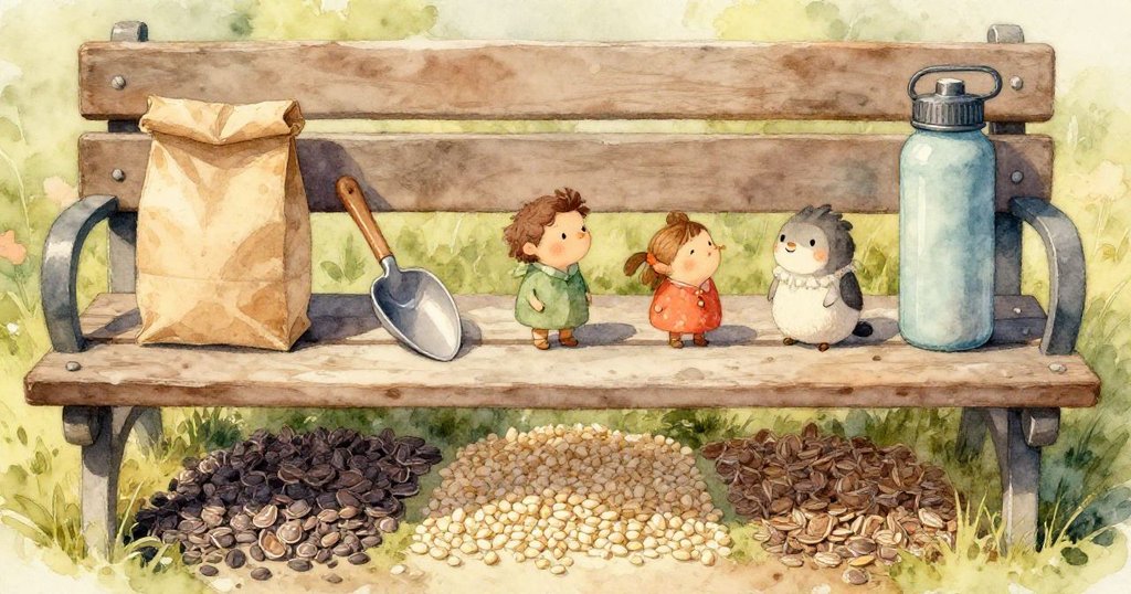 從鳥兒視角看，寬闊鴿子在陽光中靜立，背光下長影交錯，小鳥靜候，營造出期待而安靜的氛圍。