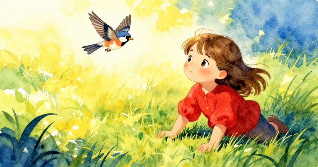 Greta 穿著紅色上衣，在綠草上輕輕移動引起陰影漣漪，背景中麻雀飛過，氛圍溫暖而懷舊。