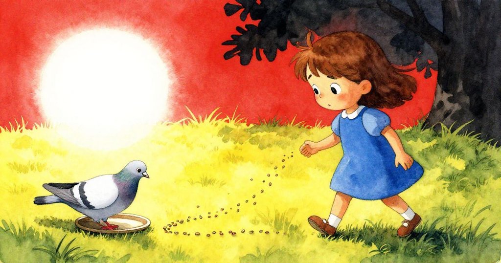 Nadia 在草地上倒出彎曲種子軌跡，吸引缺席的金翅鳥，旁邊鴿子安靜啄食，神情堅定而緊張。