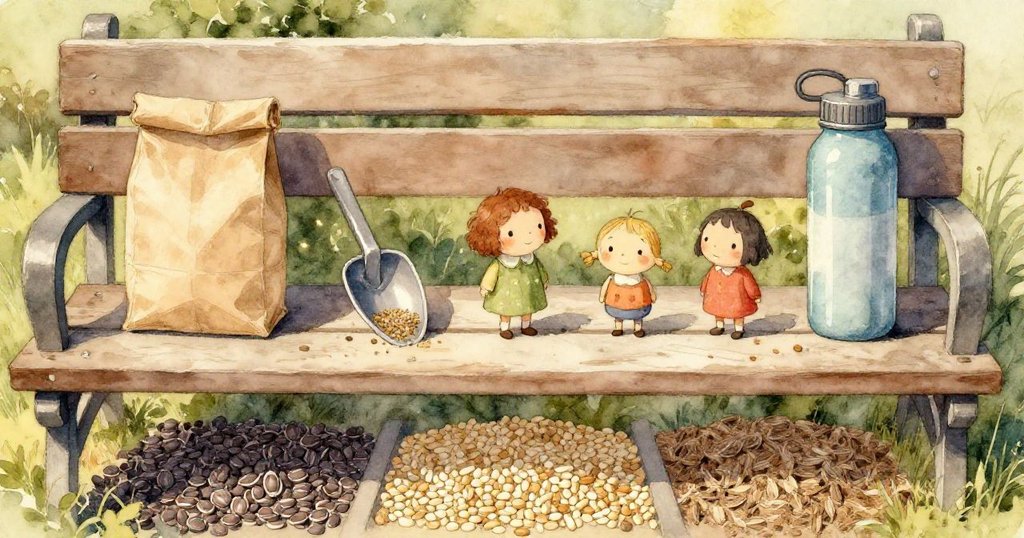 兩隻金翅鳥掠入場景，一隻啄開果殼飛散種子，背景中遠處有慢跑者經過，場景生機勃勃。