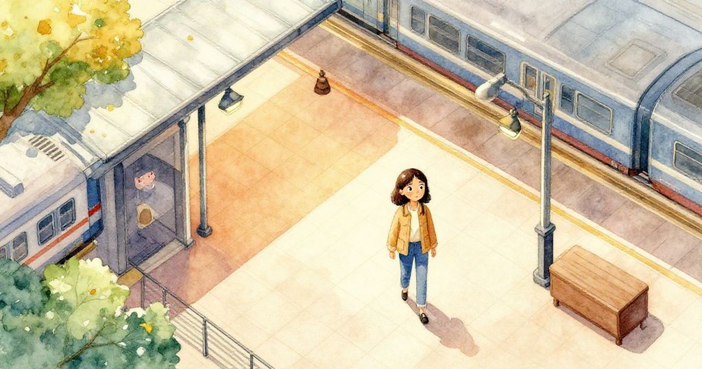 Hope在火車站瓦片大廳中穿梭，從上方視角展現燈光映照下的期待與急切，場景寬闊而生動。