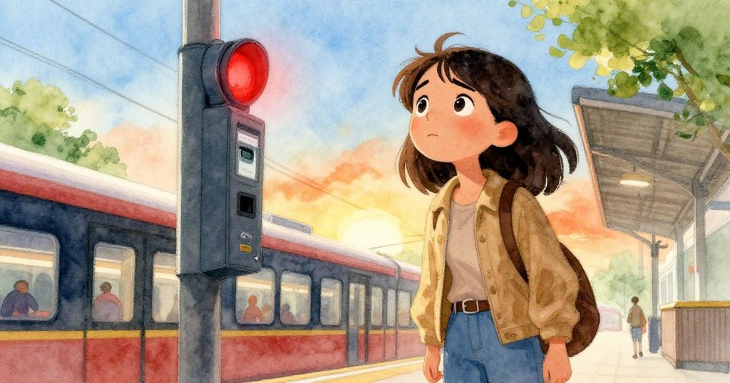 Hope仰望著閃爍紅燈的卡機，面帶疑惑與決心，低角度拉近展現車站背景與自然燈光交織。