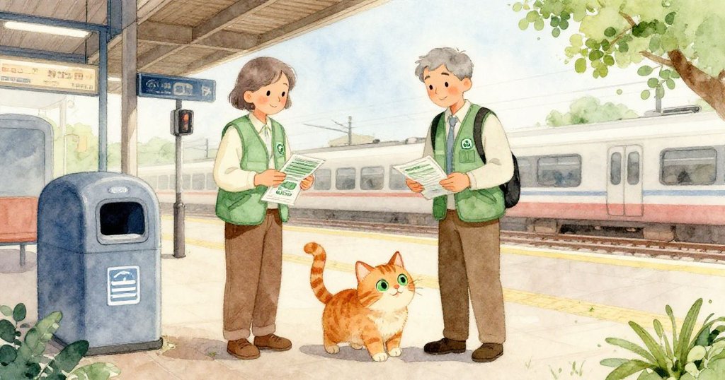 志願者推展桌發放宣傳單，旁邊小貓輕觸生態垃圾箱，車站過渡空間中傳達自然與人文關懷。