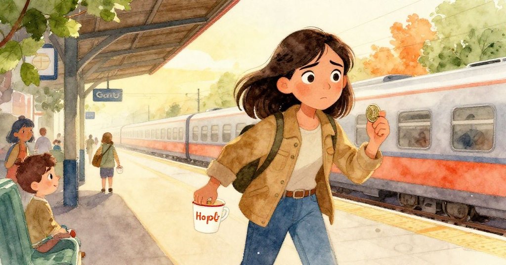 Hope表露堅決，輕撥湯杯準備投入最後一幣，神色堅毅中透出緊迫與希望，場景充滿城市韻味。