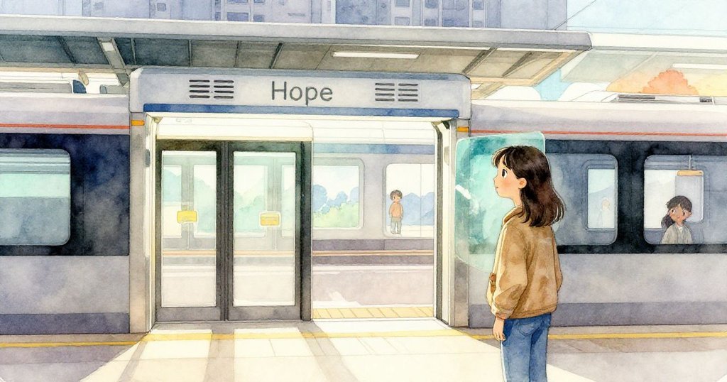 Hope注視著逐漸打開的閘門，最後硬幣點亮屏幕，寬闊車站場景散發柔和光芒，氛圍充滿期許與餘韻。
