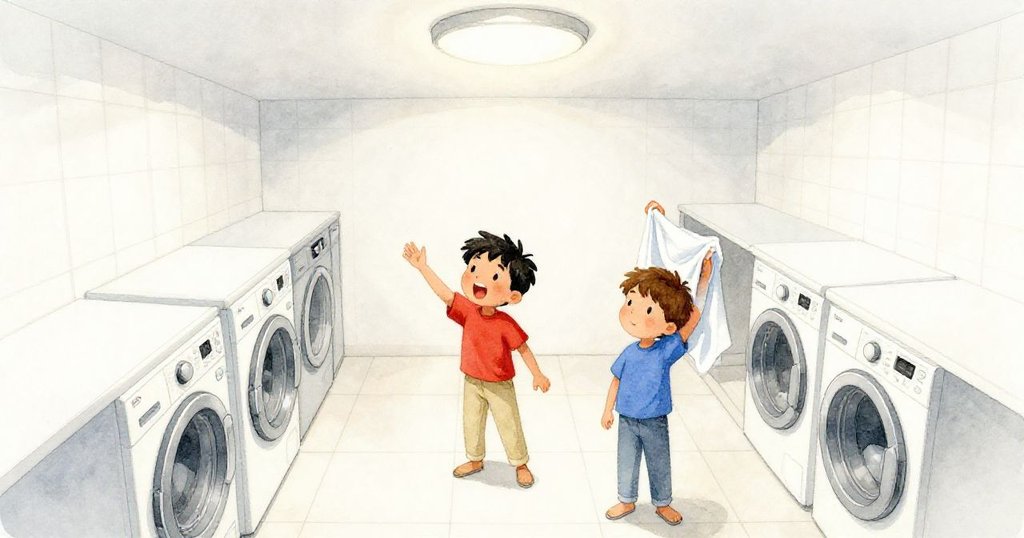 Erik喊著抓毛巾,Idris在洗衣機旁舉起濕毛巾,樓層明亮,展現活力與熱情的室內洗衣場景。