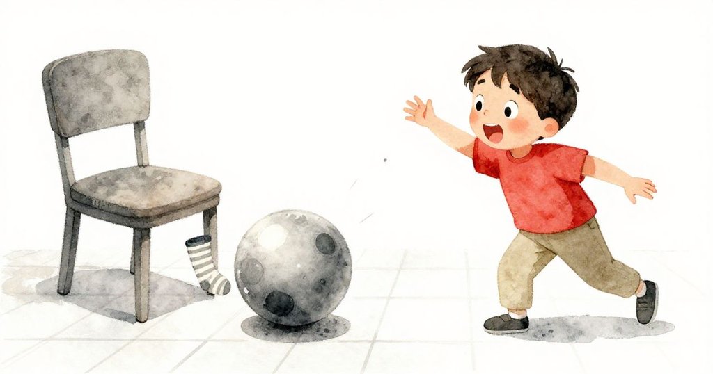 發亮的硬幣在瓷磚上滾動,撞擊椅子與條紋襪,Erik迅速伸手準備撿起,動感連鎖反應展現。