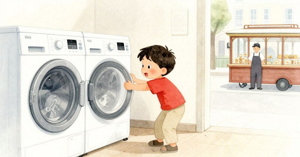 烘乾機閉合運轉散發溫暖光芒,窗外烘焙師與小推車展現街角寧靜結局,寓意故事圓滿。