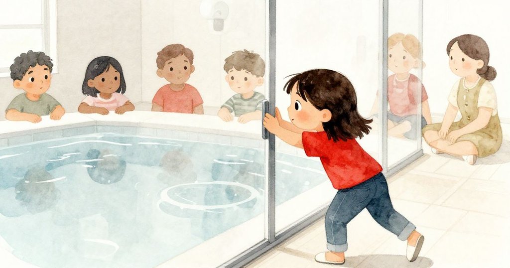 Vivian推開玻璃門進入觸摸池房，旁有數位訪客圍繞水槽，光影交錯，畫面帶有微妙傾斜感