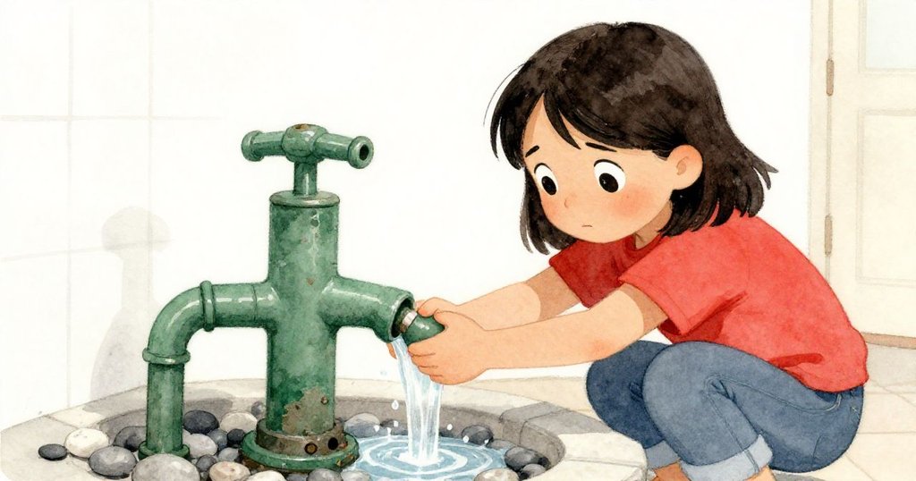 Vivian靠近綠色手泵，輕觸粗糙把手，水珠從卵石中滴落，細節豐富，充滿期許與象徵