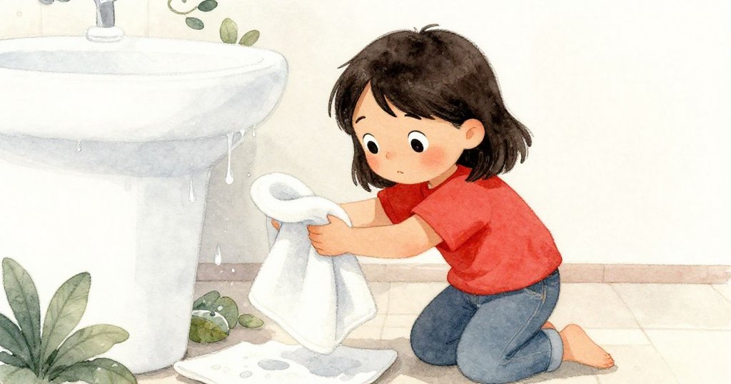 Vivian俐落地拿起毛巾折疊擋水，旁邊零散葉片和濕紙預示創意計劃，畫面充滿溫柔專注