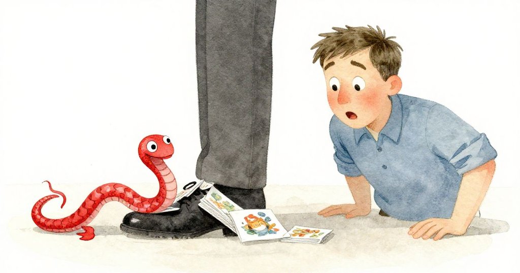 Warren驚訝地縮回腳步，橡膠蛇推倒層疊卡片砸向靴子，場景活潑中帶有微妙挑戰