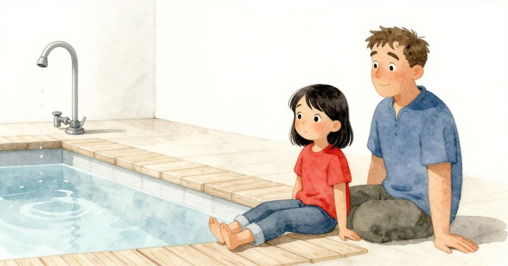 室內觸摸池房恢復寧靜，水滴沿木板緩行，Vivian與Warren神情放鬆，畫面展現平和結局