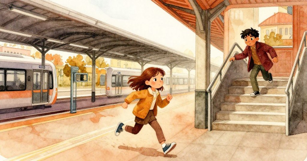 Maren在車站急跑,Rafael從樓梯登場,背景呈現現代交通站,氣氛忙碌而充滿期待。