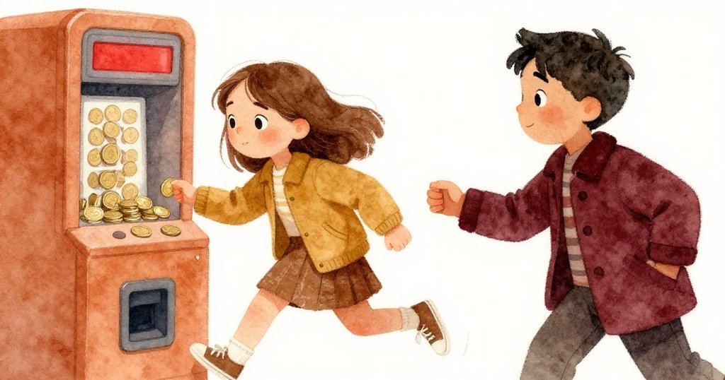 Maren與Rafael交替投幣,紅屏與硬幣形成對比,表現緊張合作場景。