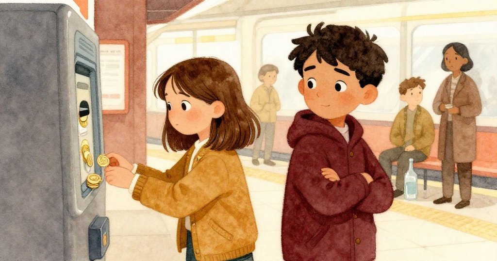 車站內擁擠隊伍與背景細節,Maren與Rafael專注合作投幣,氣氛緊張而豐富。