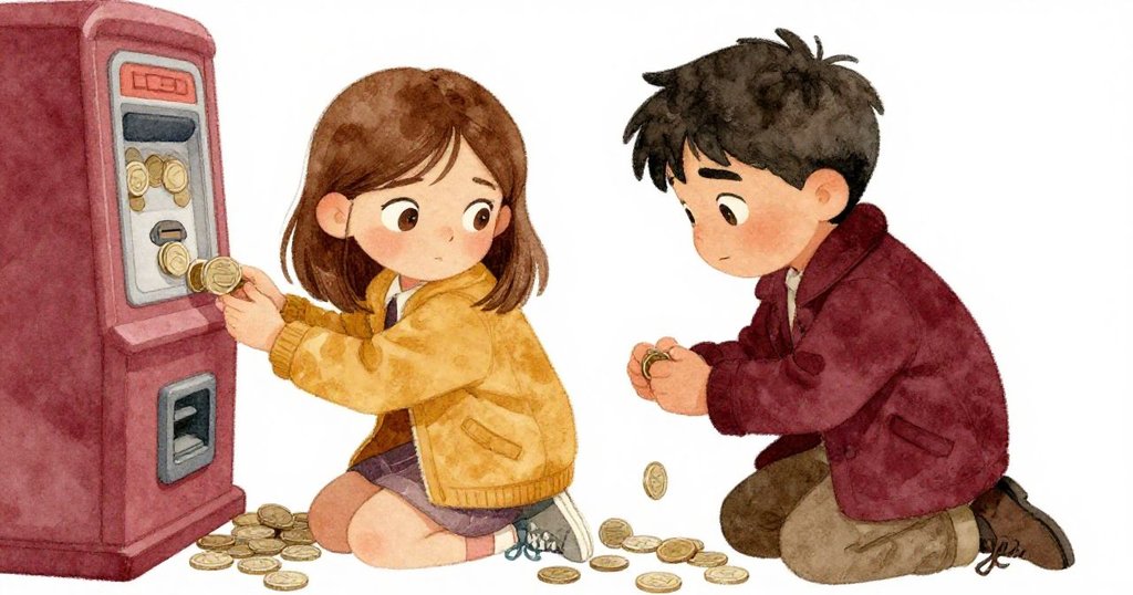 Maren與Rafael跪下投幣,緊張合作快趕時間,面部表情專注且決心。