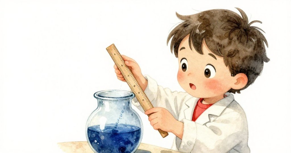 凱恩專注地用木製直尺檢查藍色玻璃實驗器具,手部細膩動作凸顯實驗桌上凝結水珠的細節