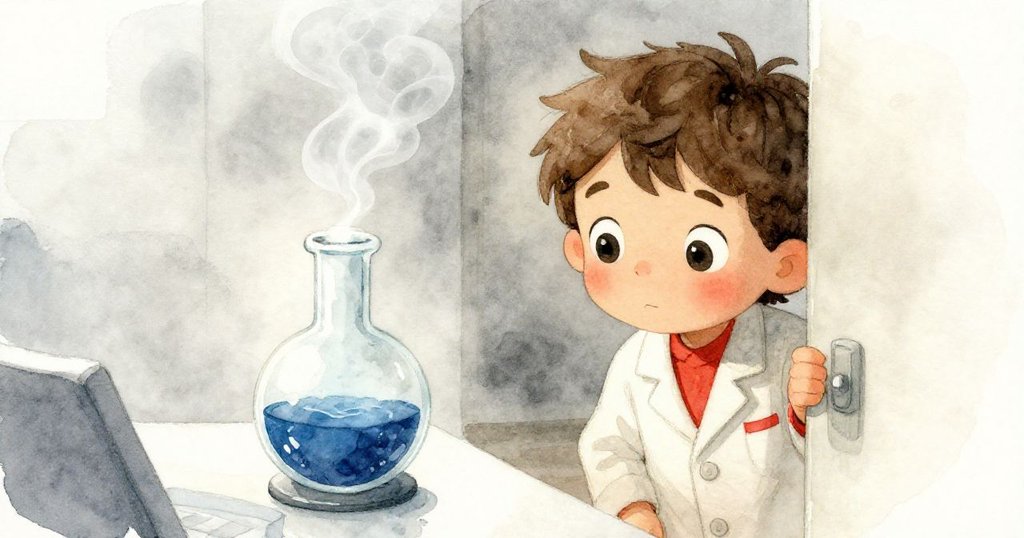 凱恩從實驗室門縫中偷看藍色染劑緩慢上升,眼中流露好奇與堅定,背景呈現神秘實驗細節