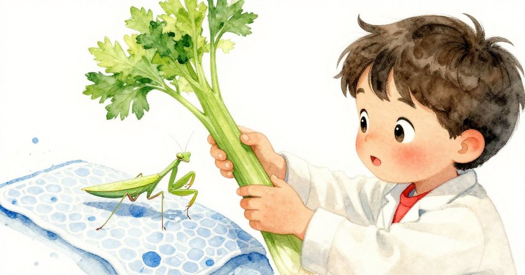 凱恩在實驗室隱秘角落輕撫帶有藍色濺痕的蜂窩布,保護落在芹菜頂端的螳螂,神情中流露驚訝