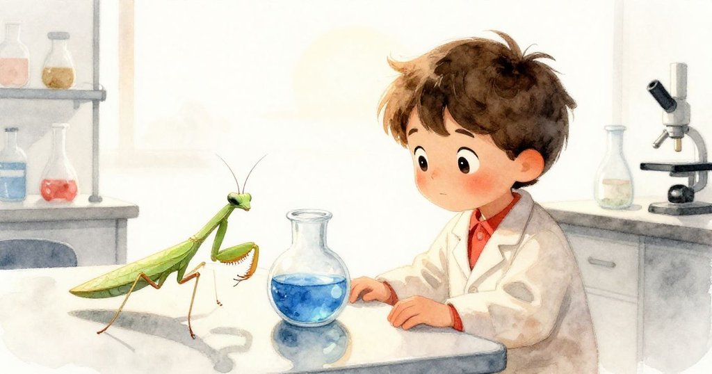 黃昏金色光影中,凱恩平靜觀察著藍色實驗上升,臉上帶著溫柔微笑,螳螂靜靜守候在旁,營造出寧靜收尾的氛圍