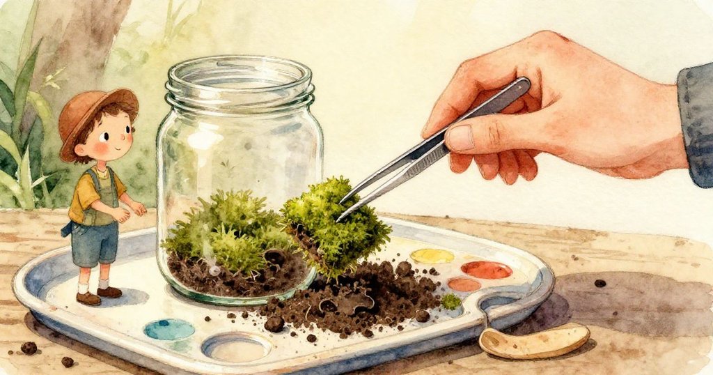 一顆石子在半空中傾斜滾動，蕨葉微彎，微霧凝結瞬間凍結，展現自然動作與Cole緊張觀察。