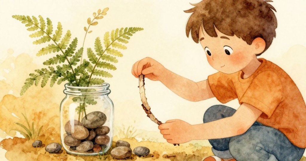 Cole溫柔地夾入樹皮固定石子與蕨葉，表情堅定細膩，環境恢復平衡，完成創作收尾。