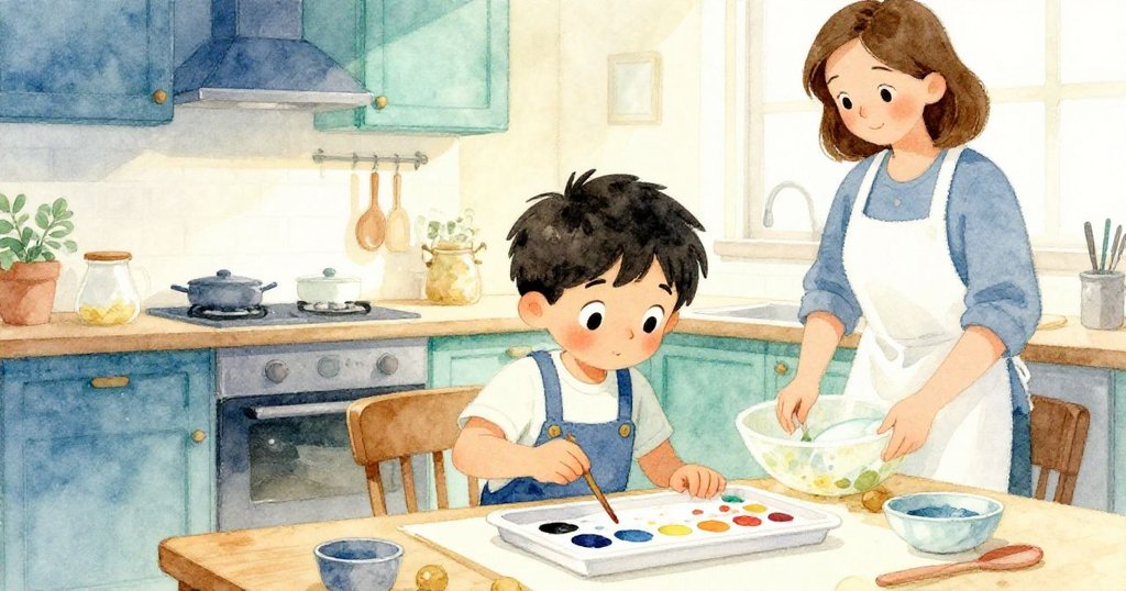 Emil在廚房開始調製神秘油彩，他專注操作調色盤，阿姨在背景擦盤，清晨光線溫暖柔和