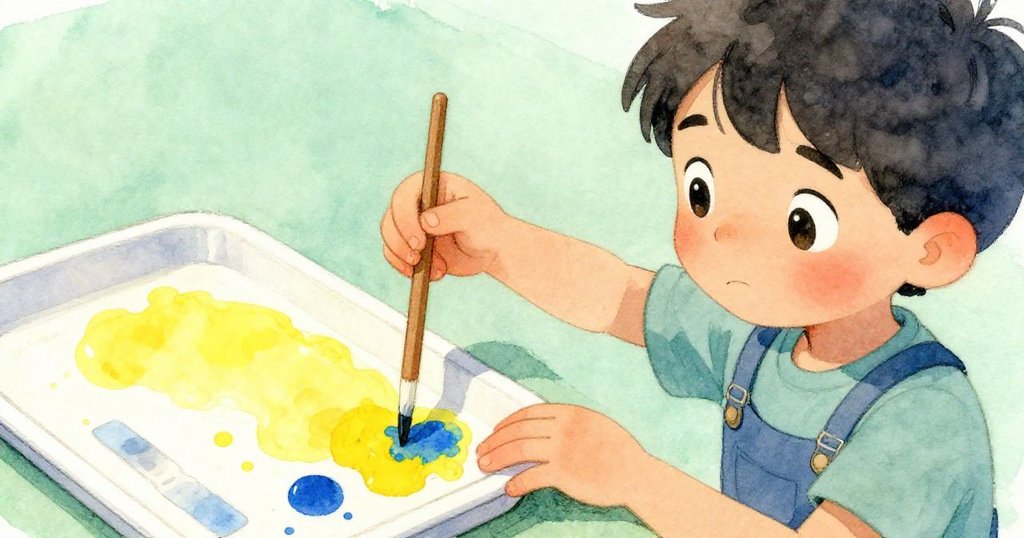 Emil聚精會神用小木棒測量顏色，手部特寫呈現調色盤上黃藍油彩交融，充滿認真與創造感