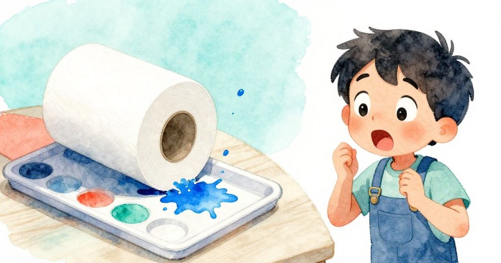 紙巾卷突然倒落撞到小木棒，藍色油彩濺起，中景展示Emil驚訝表情，室內熱鬧場面充滿動感