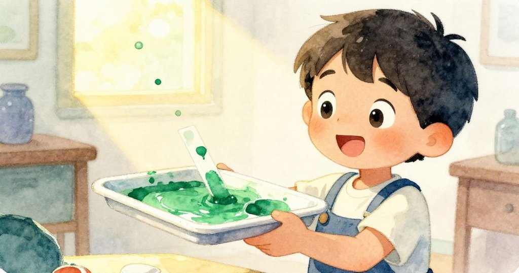 Emil臉上洋溢著勝利喜悅，仔細端著裝滿綠色油彩的托盤送向測試紙，細緻表現藝術成功瞬間