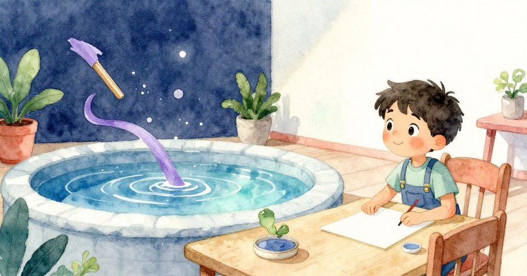 Emil滿足凝視藍井中旋轉的紫色絲帶，桌面藝術作品完整呈現，場景寧靜溫暖，創作歷程呼之欲出